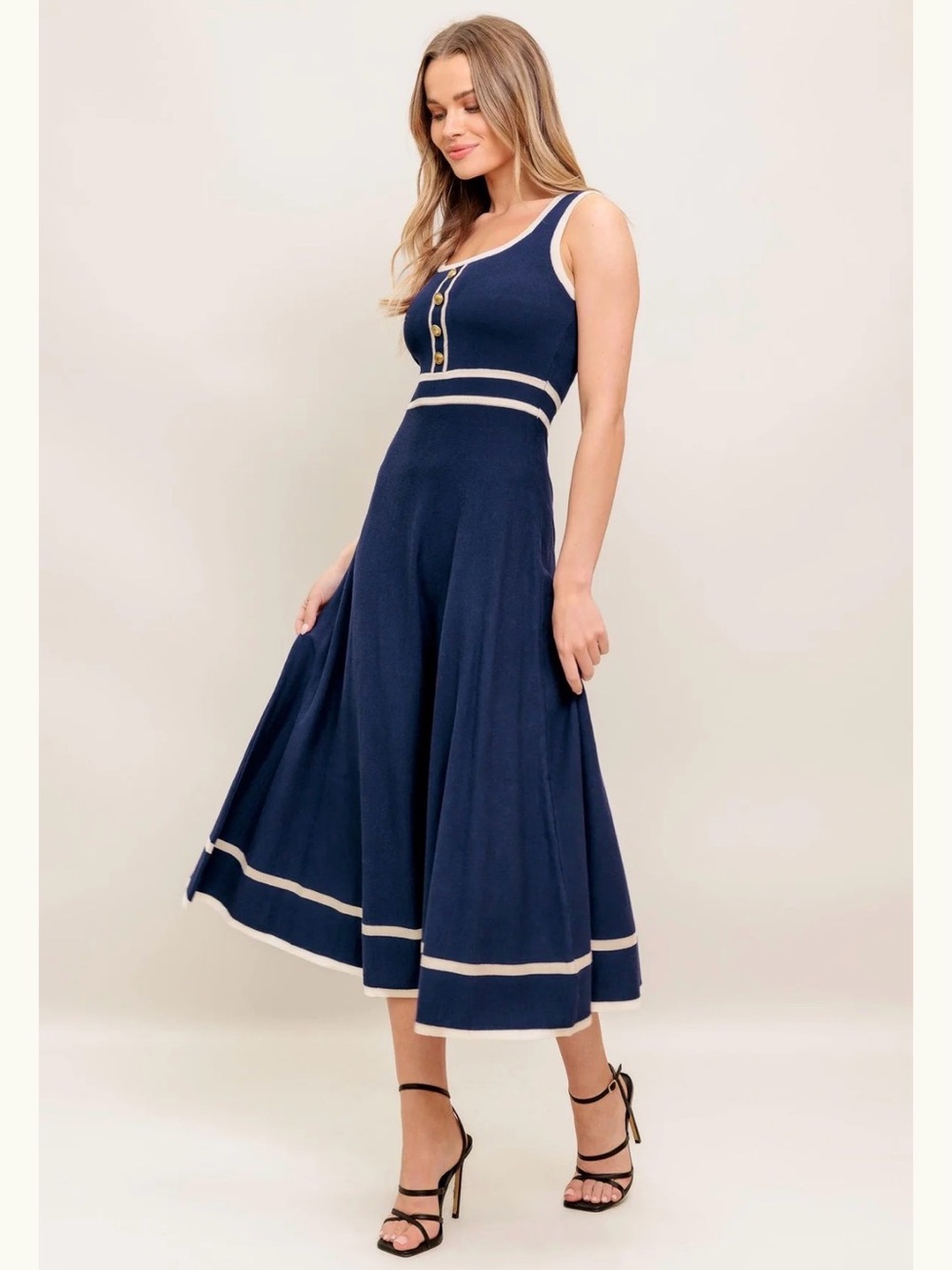 Flying Tomato Navy Ivory Dreamy Daisy Knit Midi Dress